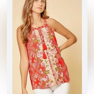 Savanna Jane Red Handkerchief Embroidered Top Halter Tassels Boho Cowgirl Small